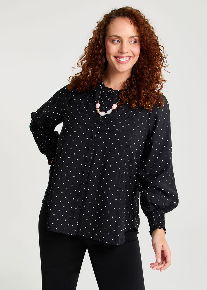 Polka Dot Shirred Cuff Button Top, , hi-res