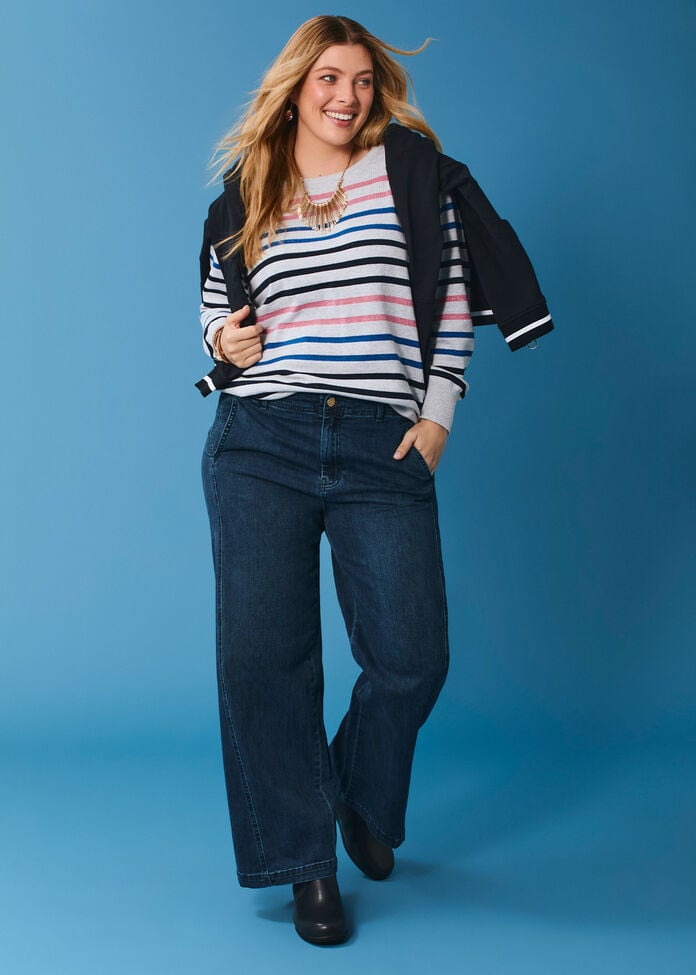 Lurex Stripe Crew Neck Jumper, , hi-res