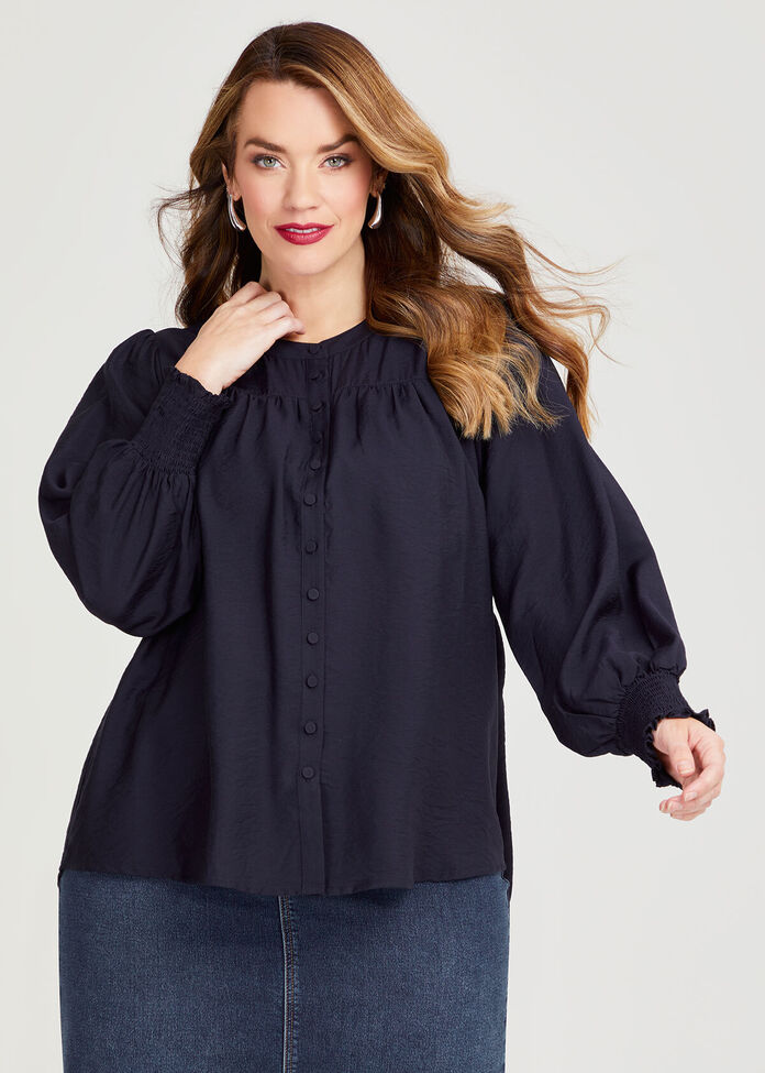 Natural Shirred Cuff Shirt, , hi-res