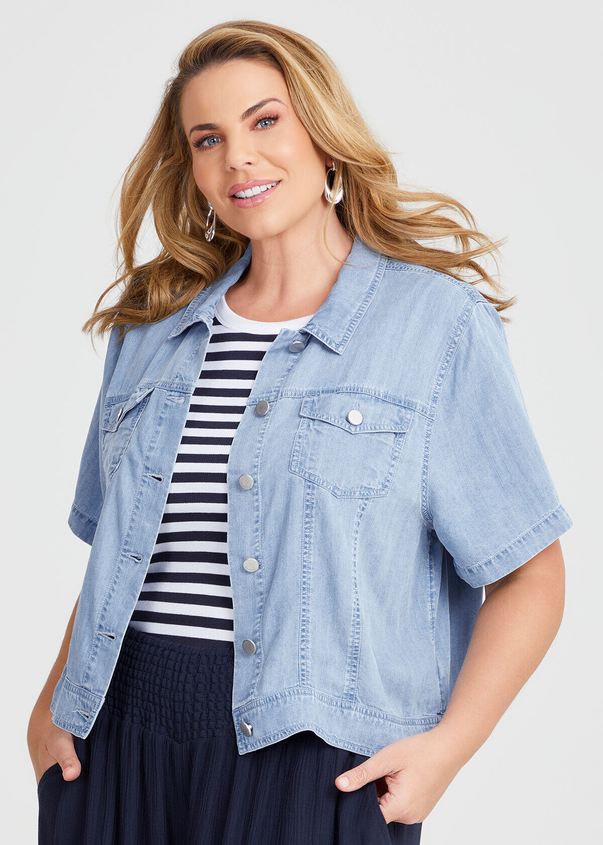 Shop Plus Size Chambray Short Sleeve Jacket in Blue Taking Shape AU