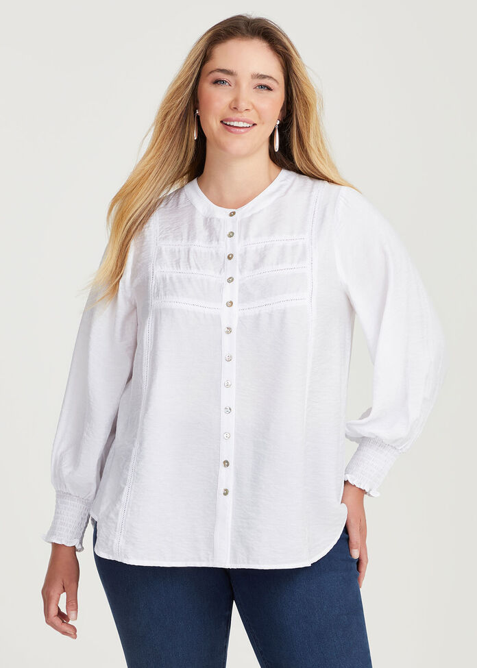 Andrea Shirred Cuff Button Top, , hi-res