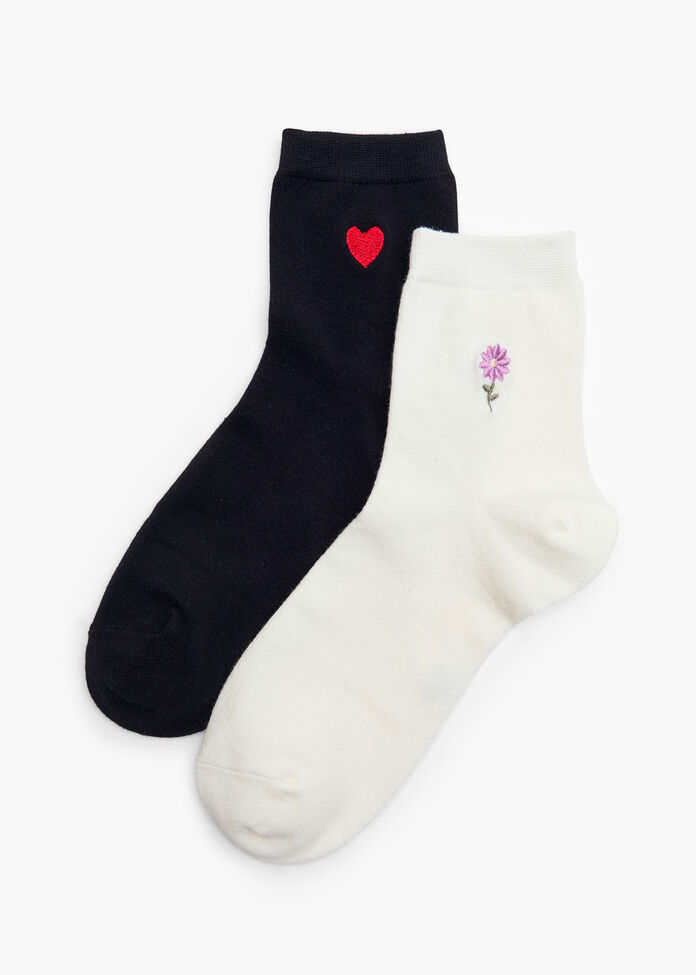 2 Pack Embroidered Cotton Socks, , hi-res