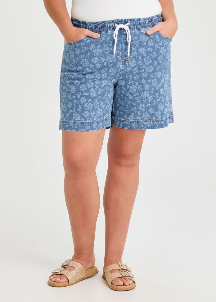 Cotton Blend Denim Floral Short, , hi-res