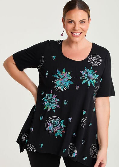 Plus Size Swirl Natural Foil & Applique Top