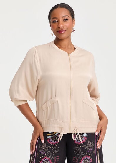 Natural Shimmer Drawcord Bomber,  Plus Size Natural Shimmer Drawcord Bomber