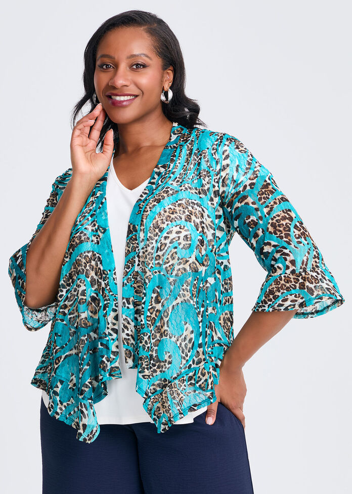 Animal Ruffle Trim Cardigan, , hi-res