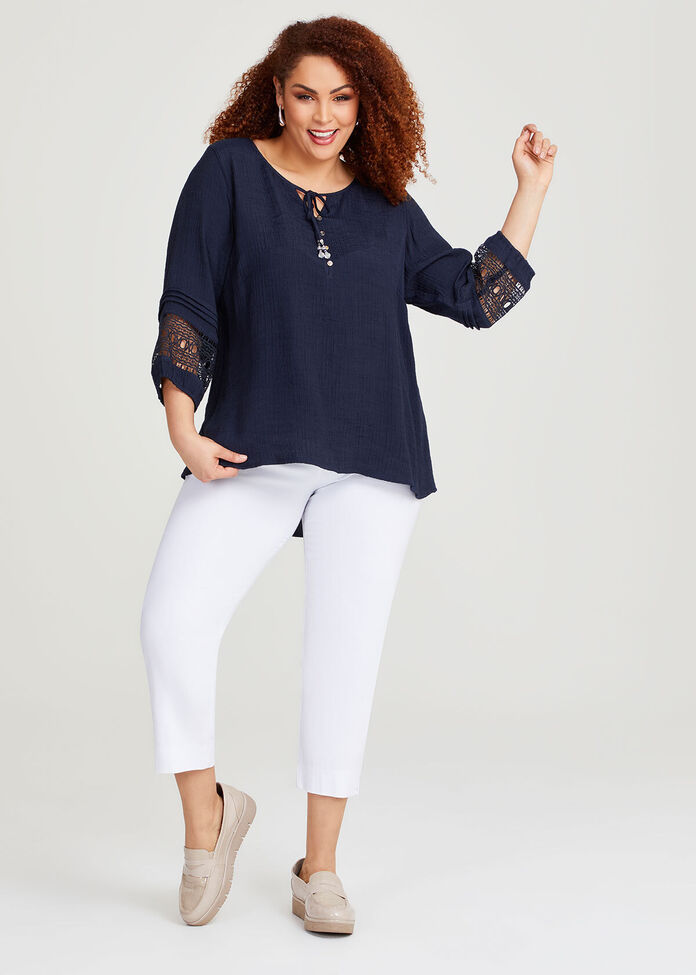 Lace Trim Crinkle Natural Top, , hi-res