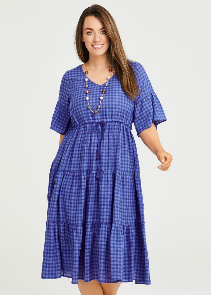 Cotton Gingham Tiered Dress in Purple, Sizes 12-30 | Taking Shape NZ
