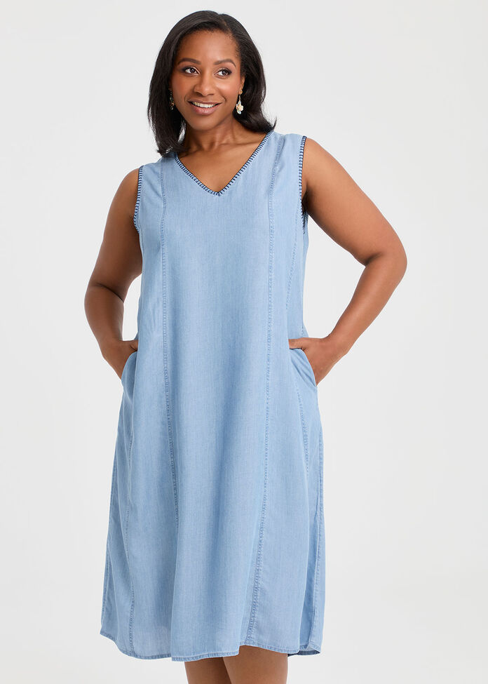 Lyocell V-neck Chambray Dress, , hi-res