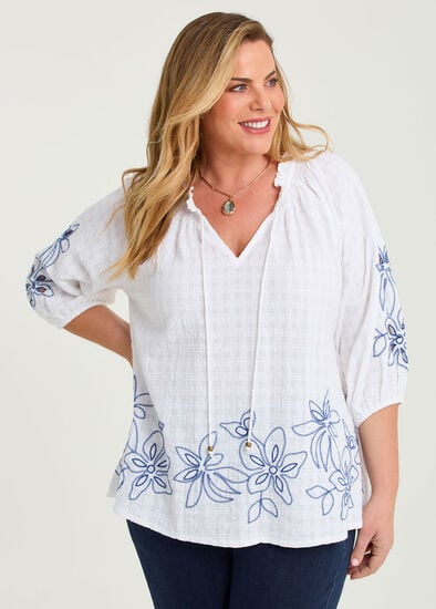 Plus Size Cotton Blend Dobby Embroidery Top