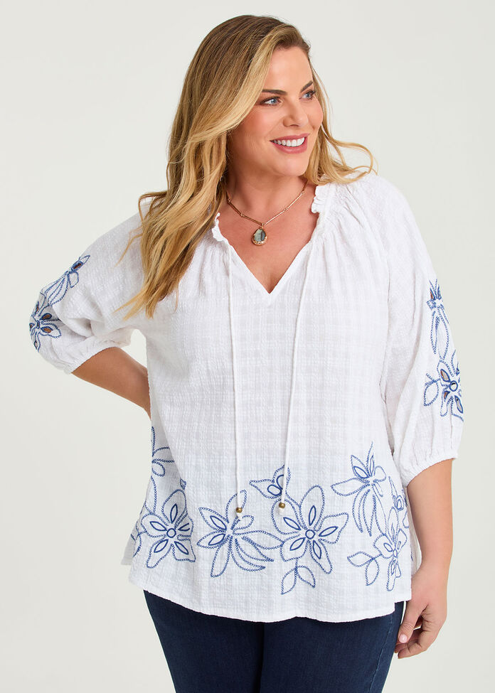 Cotton Blend Dobby Embroidery Top, , hi-res