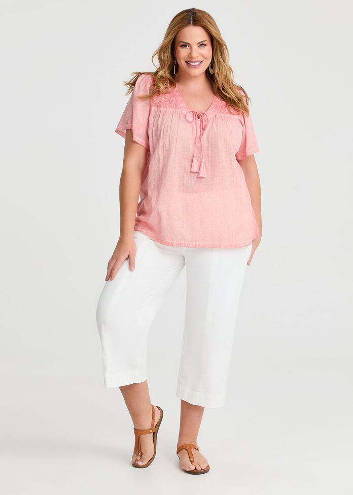 Cotton Embroidery Yoke Top, , hi-res