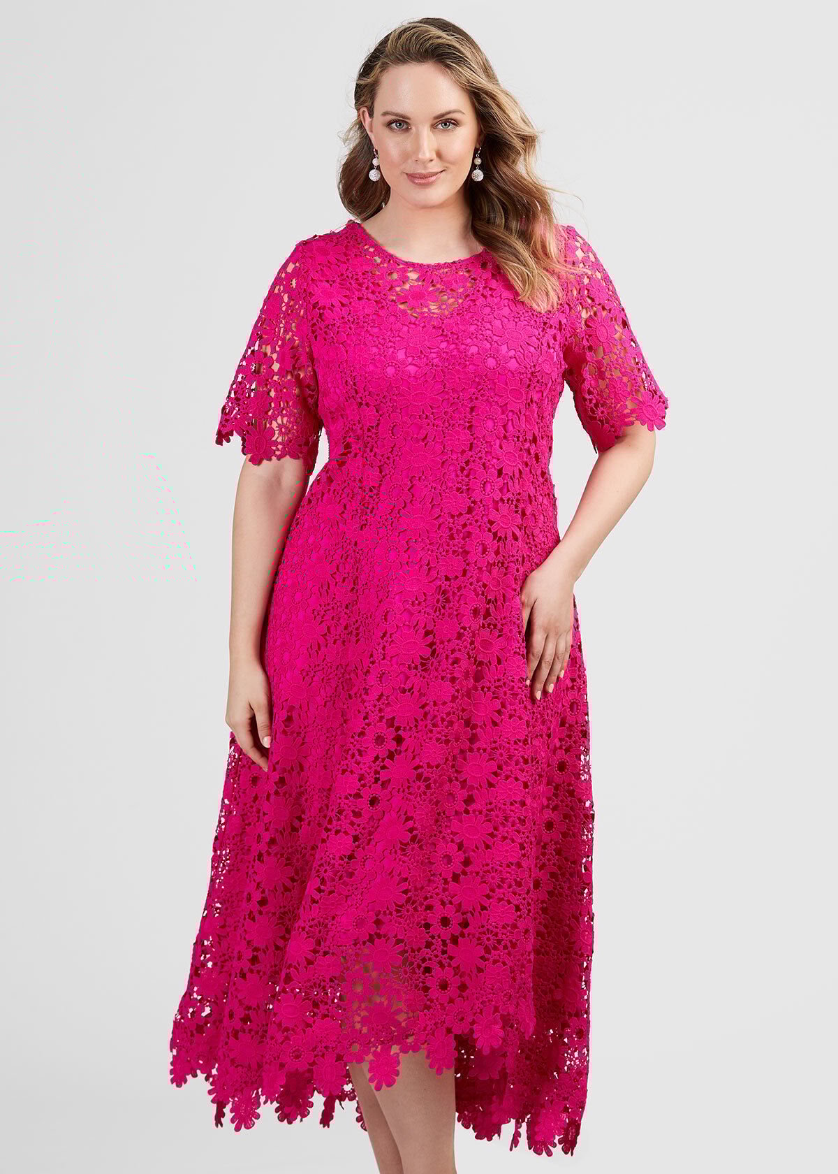 Hot pink lace dress with sleeves cheap