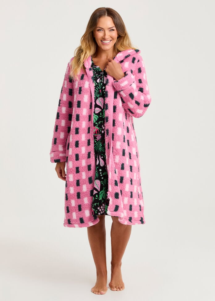 Plush Check Hooded Dressing Gown, , hi-res