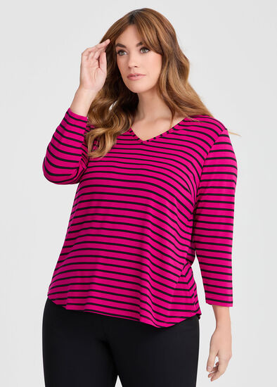 Plus Size Natural Stripe 3/4 Sleeve T-shirt