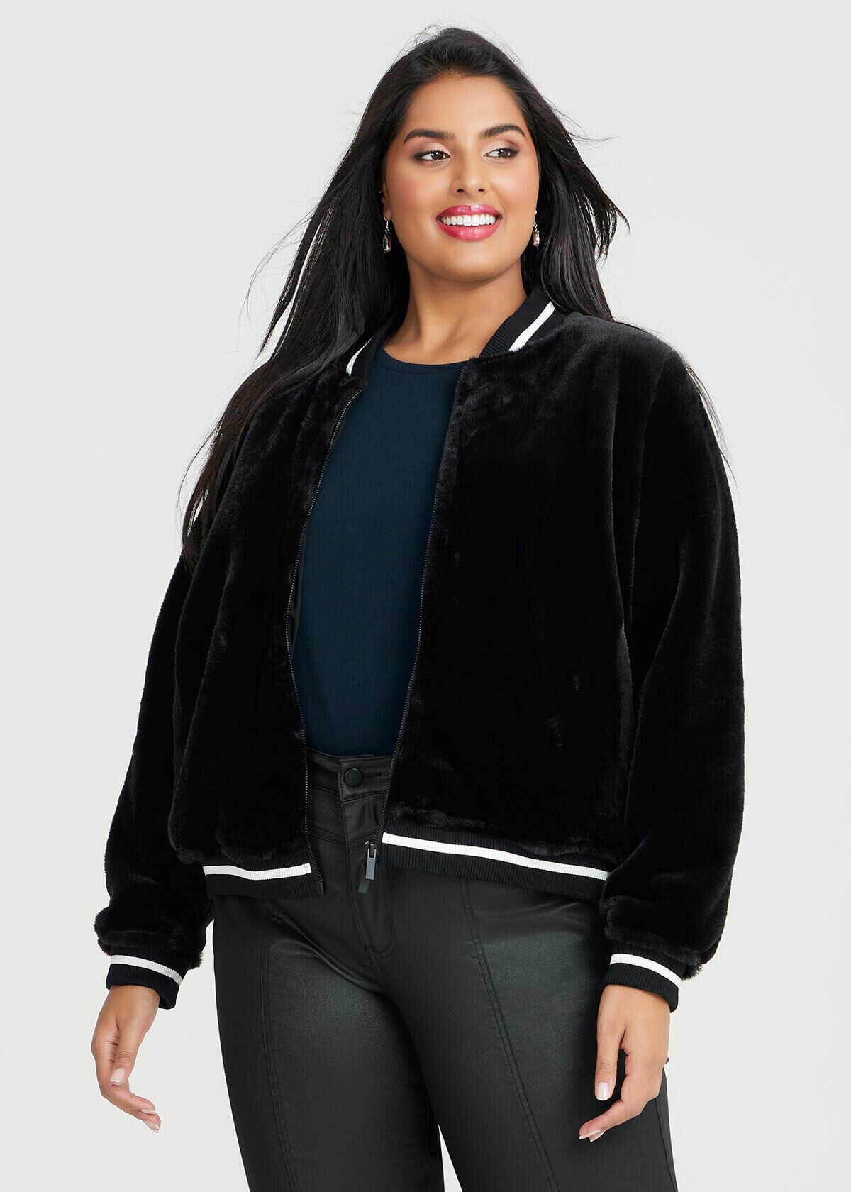 Shop Plus Size Faux Fur Bomber Jacket in Black Sizes 12 30