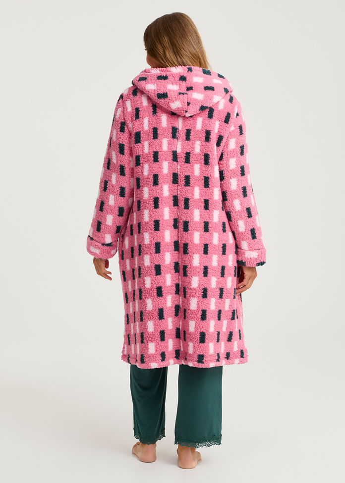 Plush Check Hooded Dressing Gown, PRINT, hi-res