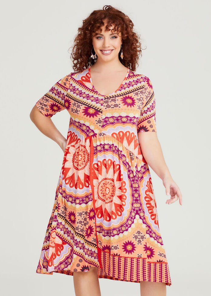 Shop Plus Size V-neck Bandana Print Dress in Orange | Sizes 12-30 ...