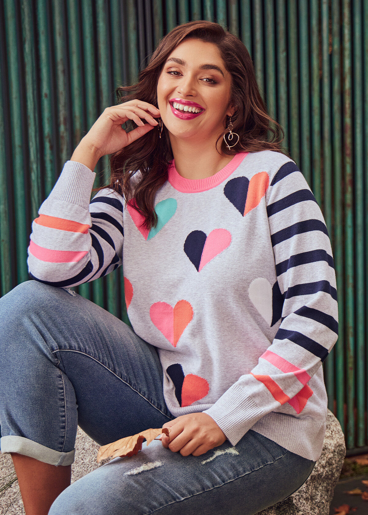 Shop Plus Size Stripe Love Heart Jumper in Black Taking Shape AU