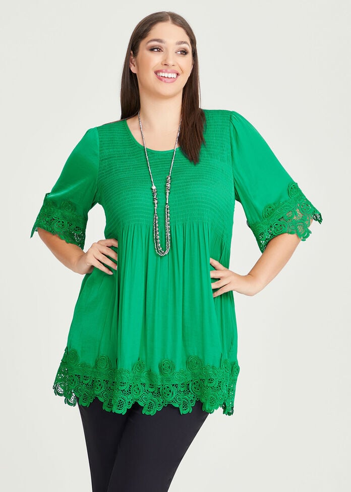 Shop Plus Size Lace Hem Shirred Luxe Tunic in Green | Taking Shape AU