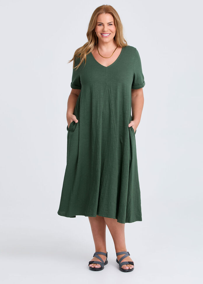 Cotton V-neck Swing Dress, , hi-res