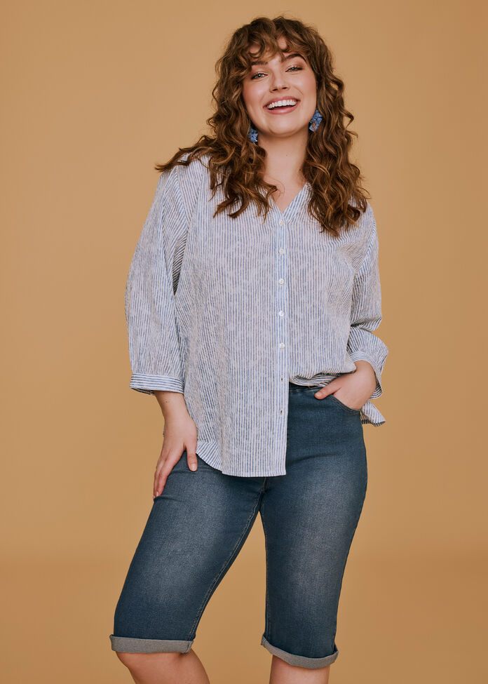 Cotton Stripe Button Top, , hi-res