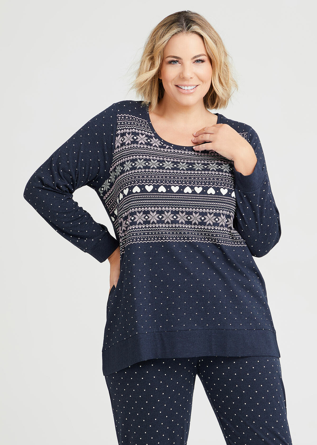 Shop Plus Size Cotton Mix Fairisle Pyjama Top in Print Taking Shape AU
