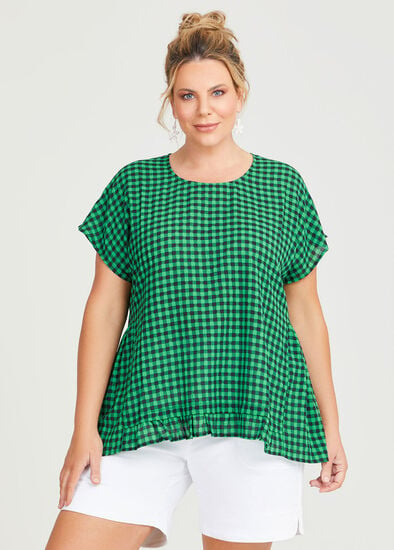 Plus Size Cotton Blend Gingham Frill Top