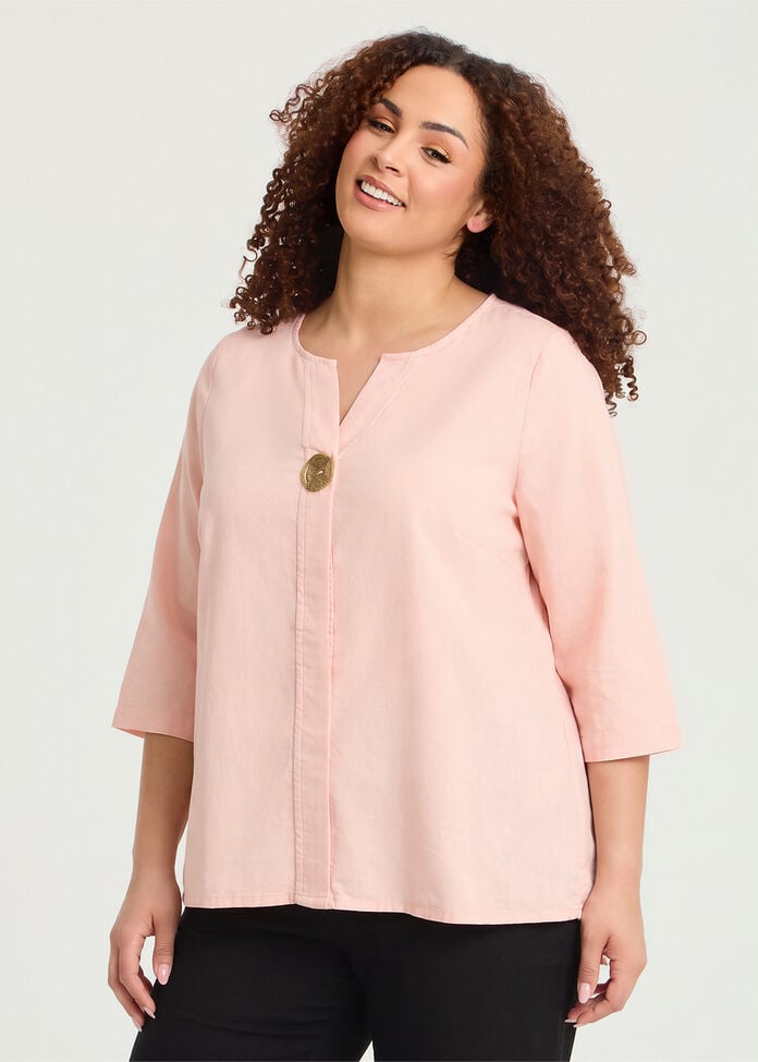 Cotton Linen Button Detail Top, , hi-res