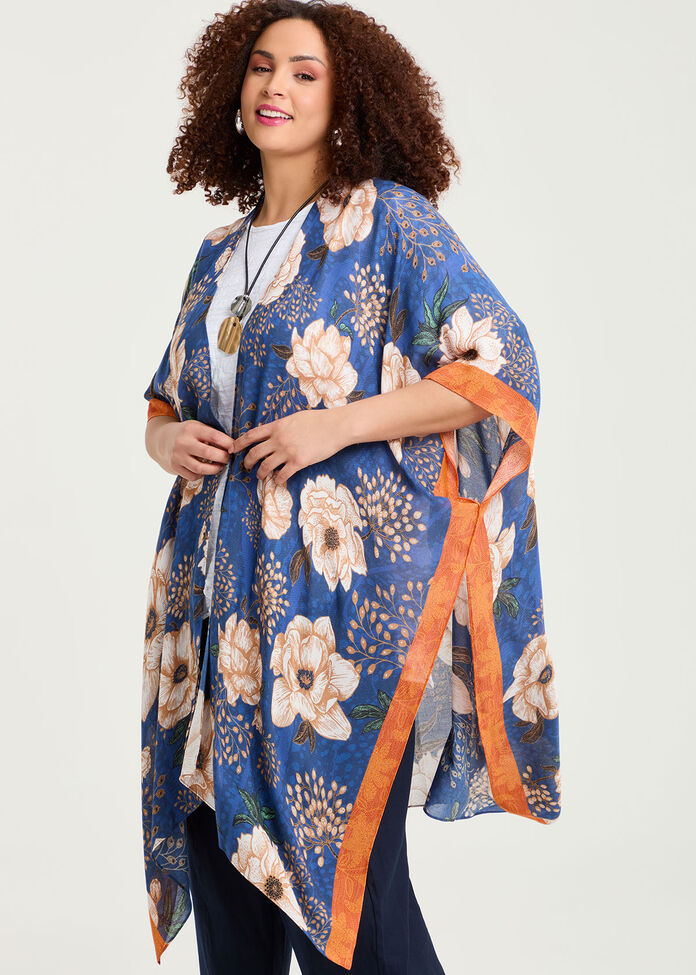 Floral Border Trim Cape Kimono, , hi-res