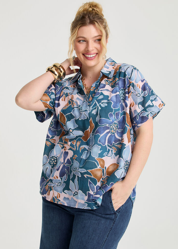Cotton Floral Collared Top, , hi-res