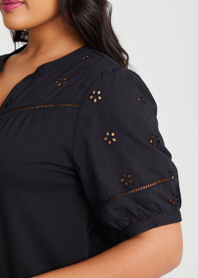 Cotton Broderie Puff Sleeve T-shirt, , hi-res