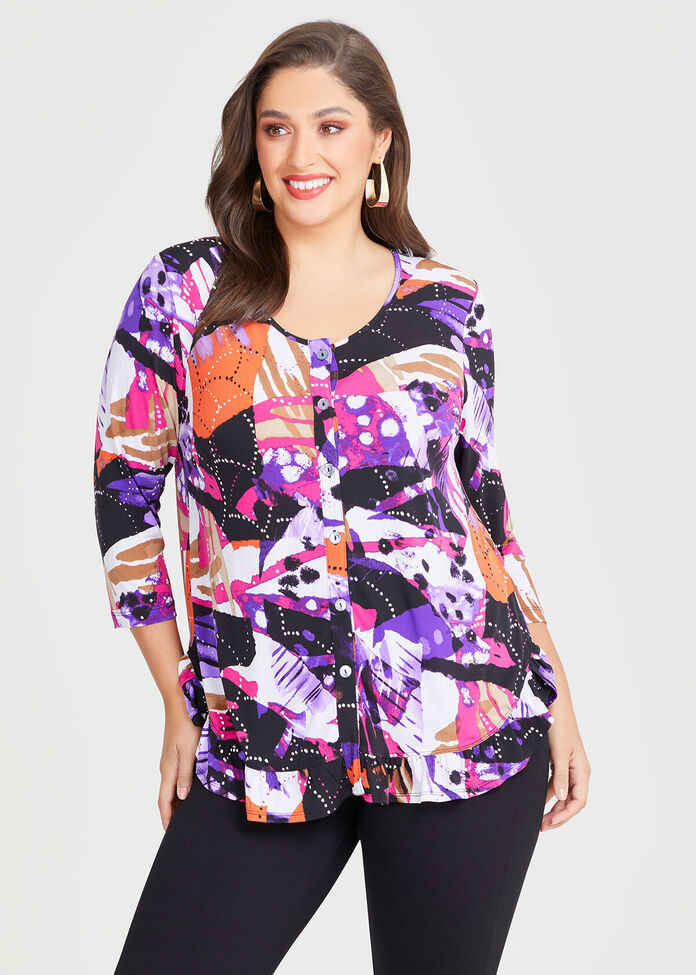 Button Front Ruffle Hem Top, , hi-res