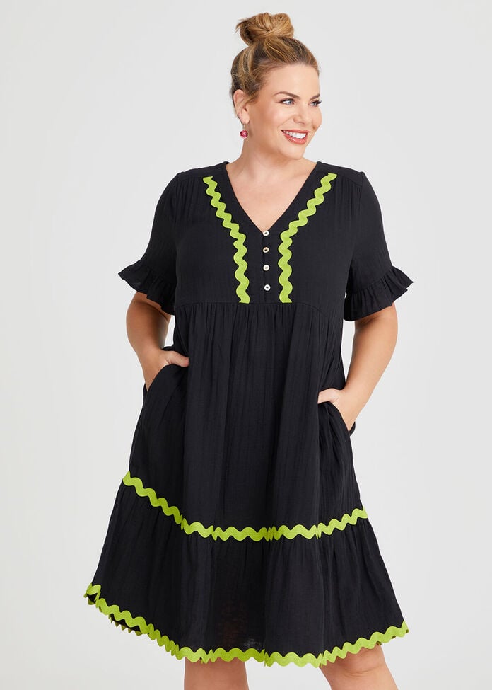 Shop Plus Size Cotton Ric Rac Trim Dress, Black Taking Shape NZ