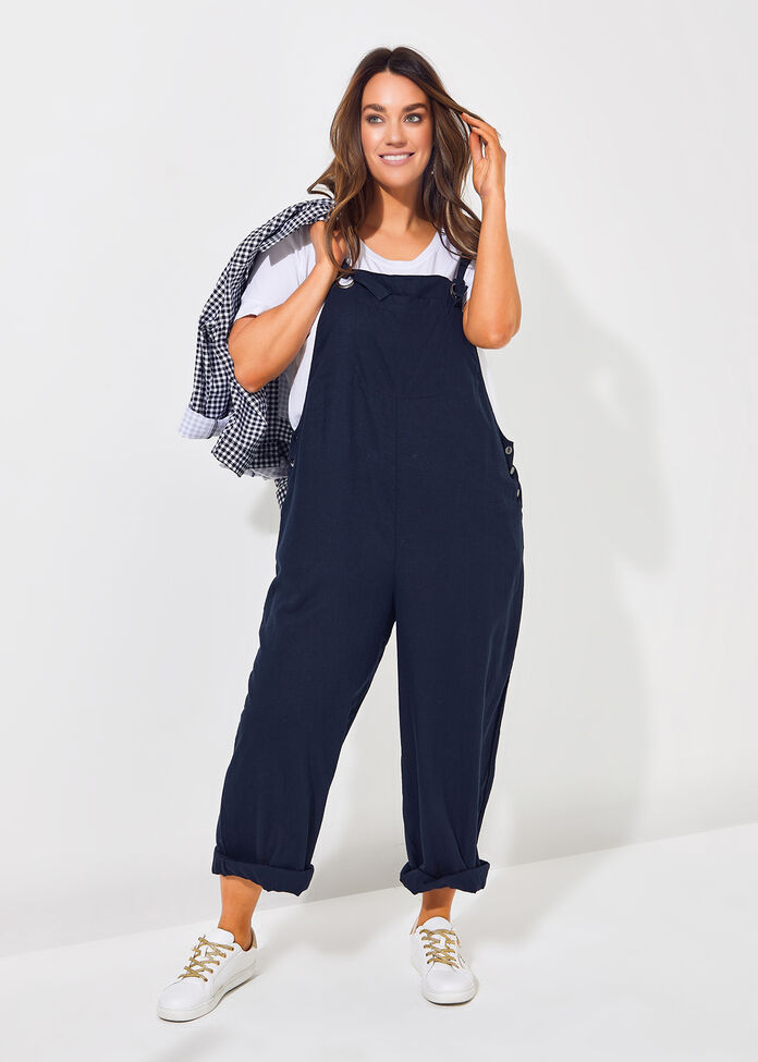 Shop Plus Size Linen Blend Dungaree in Blue Taking Shape AU