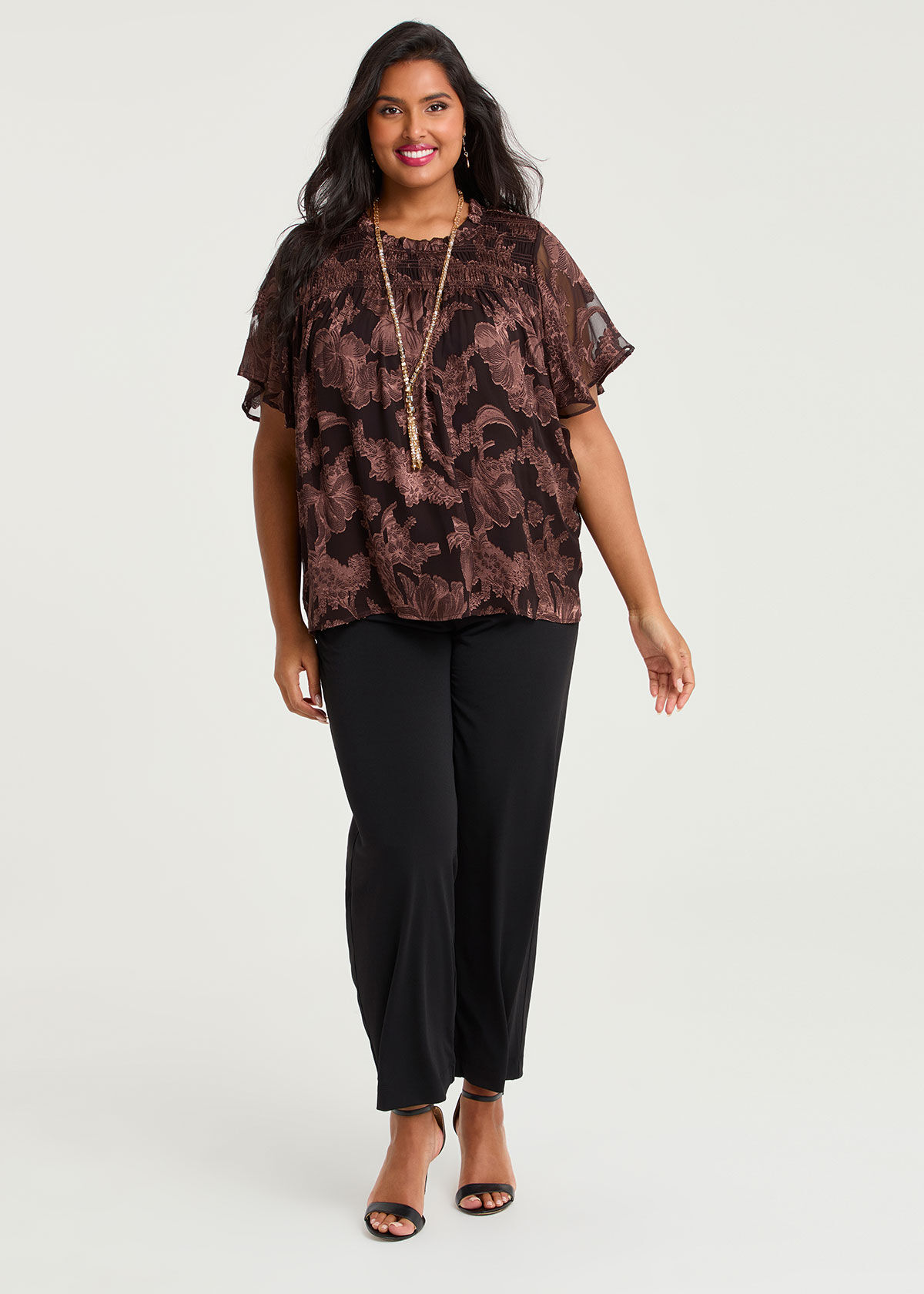 Shop Plus Size Rosa Jacquard Chiffon Shirred Top, Brown | Taking