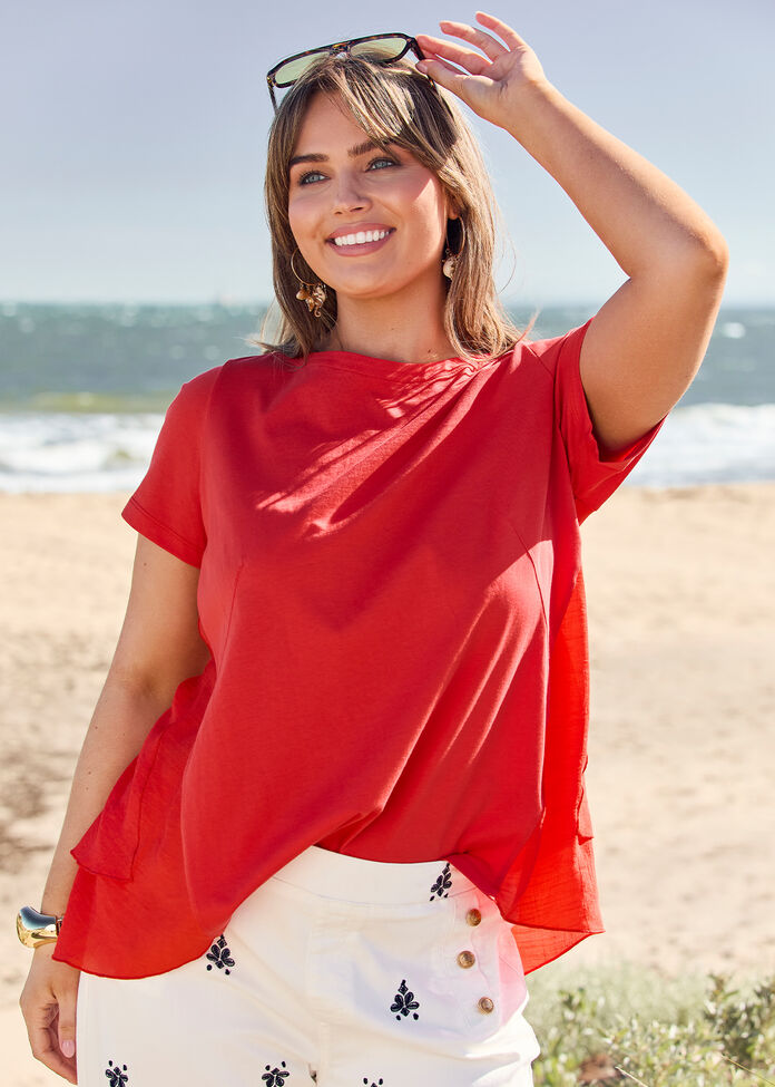 Cotton Mix Scoop Neck Top, , hi-res
