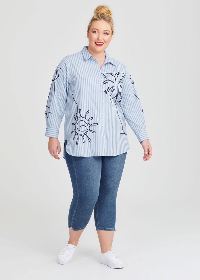 Cotton Stripe Embroidered Shirt, , hi-res