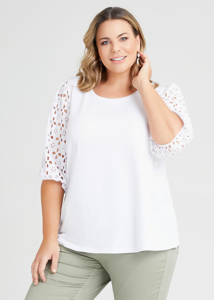Organic Broderie Sleeve Top, , hi-res