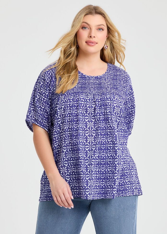 Cotton Shibori Shirred Yoke Top, , hi-res