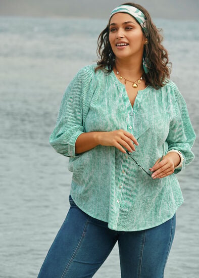 Plus Size Cotton Stripe Button Top