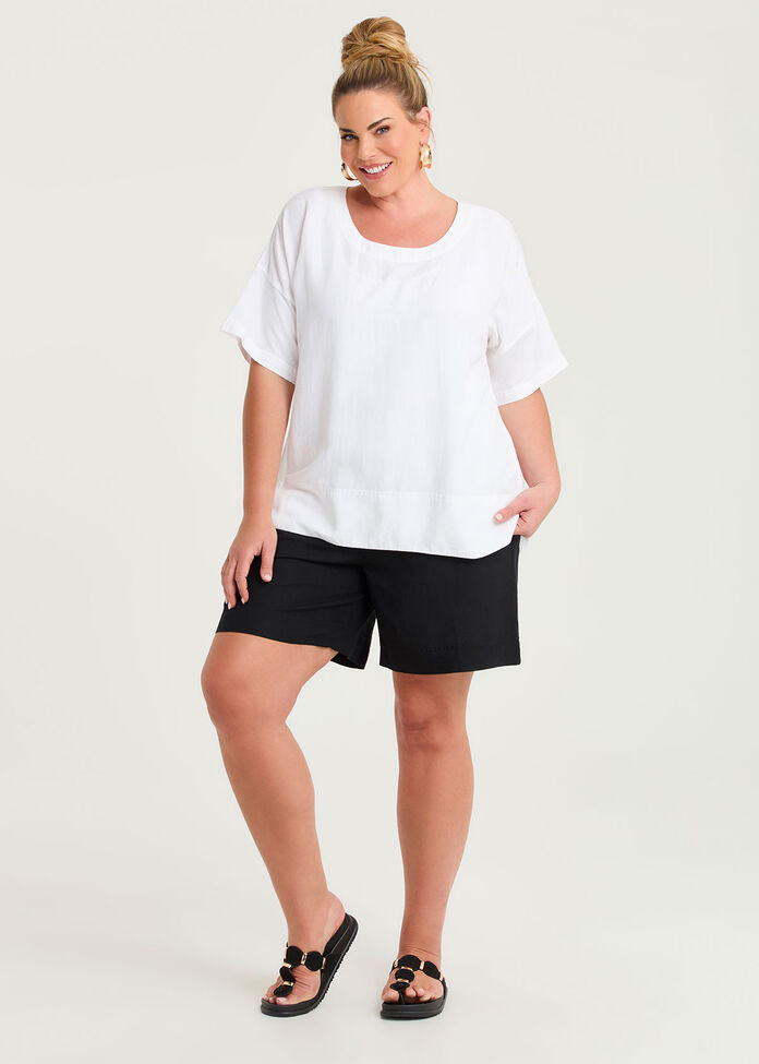 Linen Blend Curved Hem Top, , hi-res