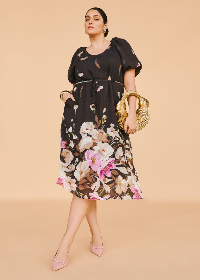 Floral Border Tencel Midi Dress, , hi-res