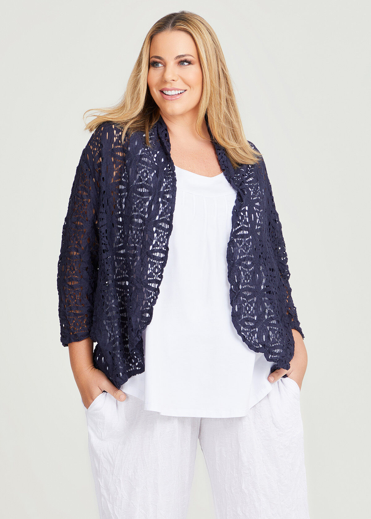 Shop Plus Size Lace Cotton Crush Cardigan in Black Taking Shape ES