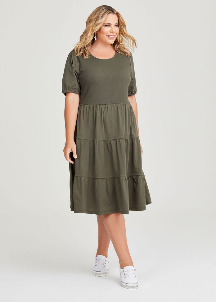 Shop Plus Size Cotton Puff Sleeve Tiered Dress in Green | Taking Shape AU
