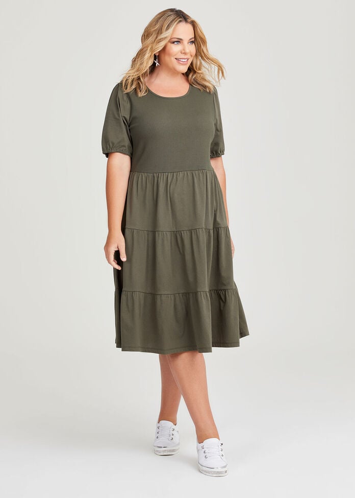 Cotton Puff Sleeve Tiered Dress, , hi-res