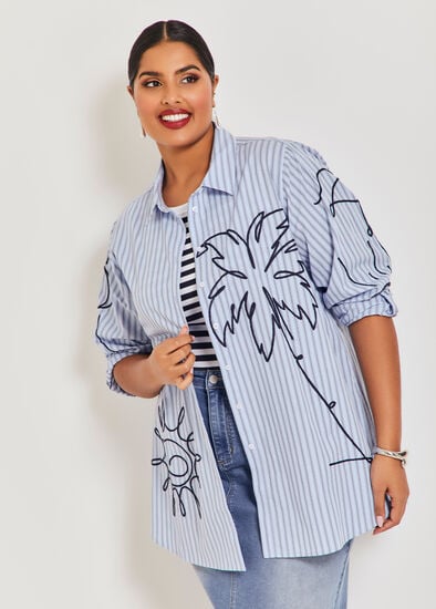Plus Size Cotton Stripe Embroidered Shirt