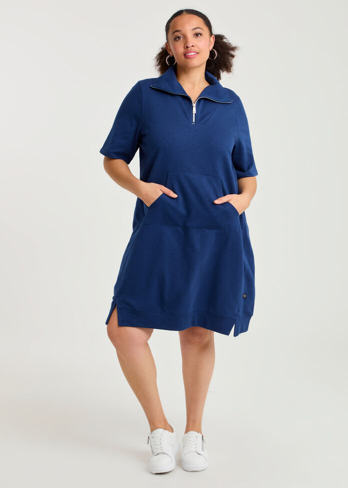 Zip Collar Short Sleeve Sweat Dress, , hi-res