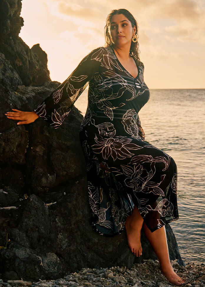 Tropic Noir Keyhole Mesh Swim Dress, , hi-res