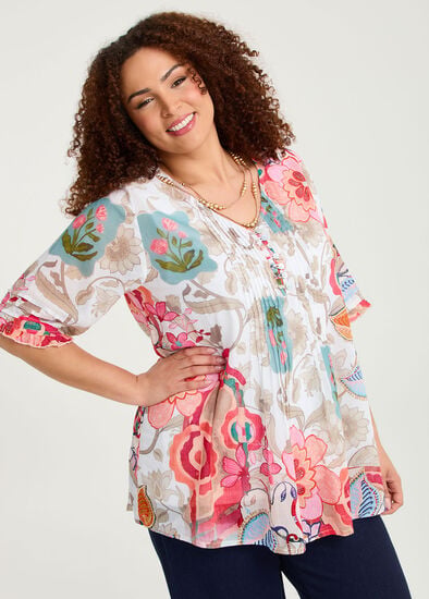 Plus Size Cotton Elbow Sleeve Pintuck Top